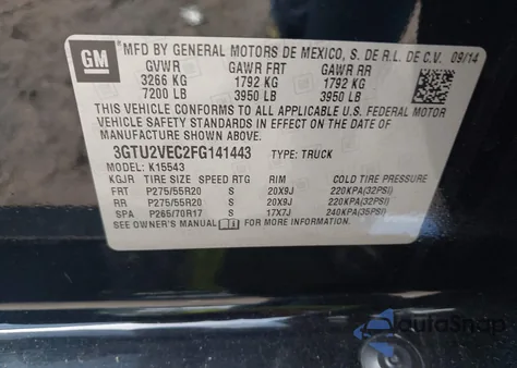 2015 GMC Sierra 1500 Slt z USA, uszkodzony, nr VIN 3GTU2VEC2FG141443